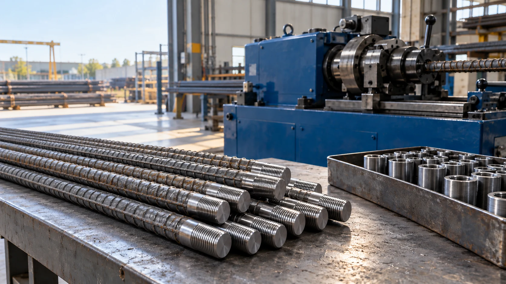 Illustration of solid threaded rebar ends and couplers in a preparation workshop